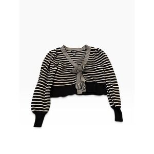 Express Conscious Edit Striped Cropped Cardigan Sweater Bow Detail Black White S